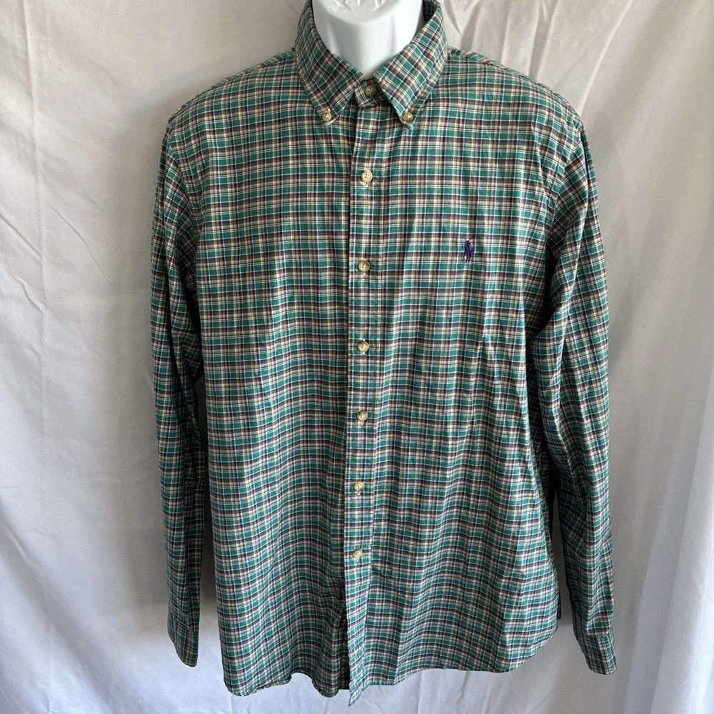 Ralph Lauren Button Down Plaid Green Blue Check Men's Size L 46 chest